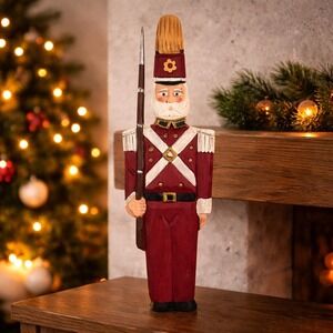 Vintage Hand Carved Wood Soldier Figurine Guard Nutcracker Decor 12 Inches